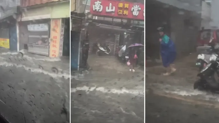 淡水地區一早因強降雨馬路變成「淡水河」。Threads網友「deborah_lin7」授權提供