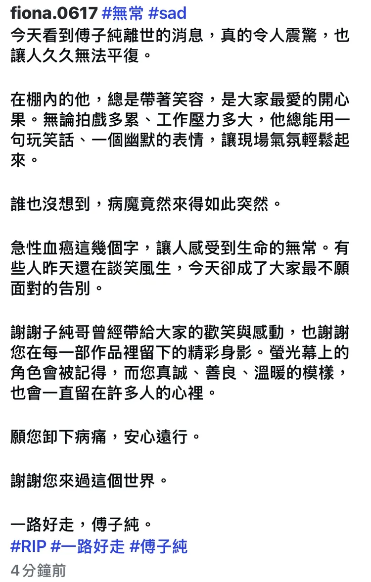 錦雯發文慟別傅子純。翻攝IG