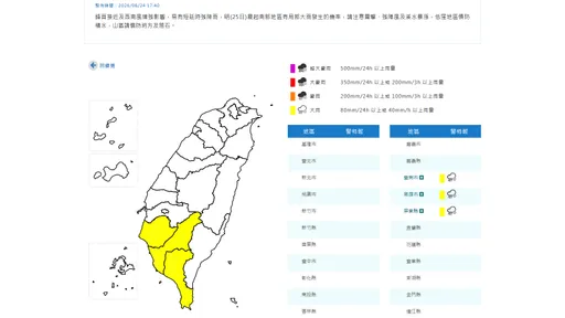 南台灣3縣市大雨特報　注意雷擊及溪水暴漲