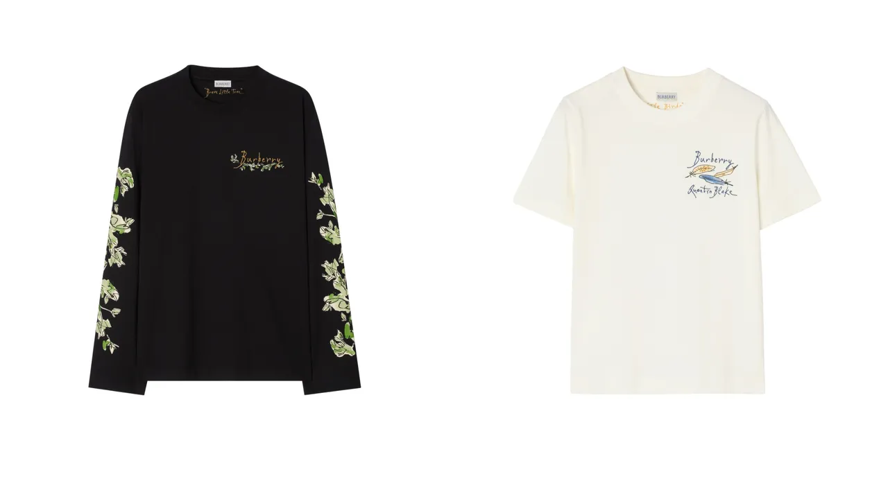 Burberry黑色堅毅之樹長袖棉質T恤（左）2萬3500元、粉白色羽毛印花棉質T恤（右）2萬900元。品牌提供