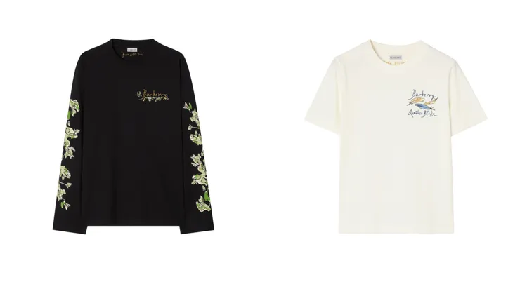 Burberry黑色堅毅之樹長袖棉質T恤（左）2萬3500元、粉白色羽毛印花棉質T恤（右）2萬900元。品牌提供