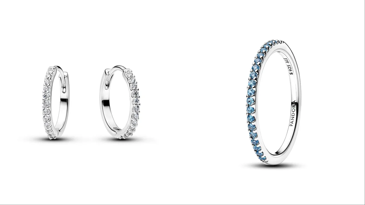PANDORA璀璨小巧耳環圈（左）2480元、璀璨密鑲線戒（右）1580元。品牌提供