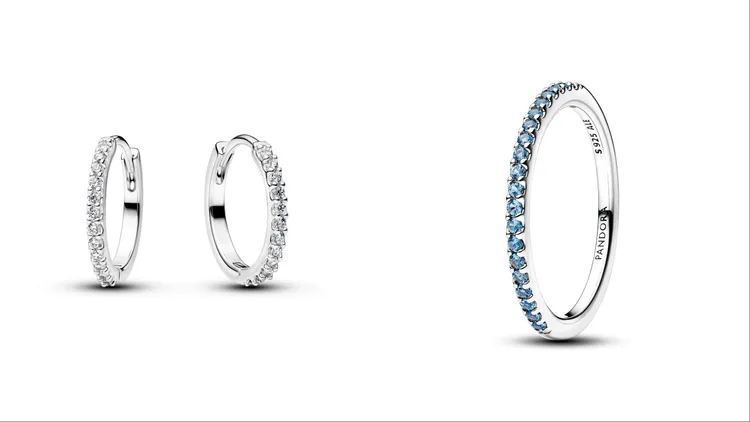 PANDORA璀璨小巧耳環圈（左）2480元、璀璨密鑲線戒（右）1580元。品牌提供