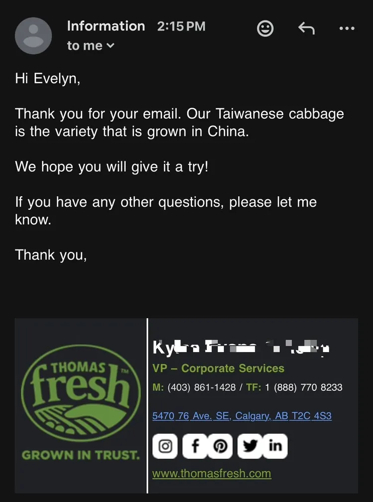 廠商回覆高麗菜是種在中國的台灣品種高麗菜。翻攝臉書Yunfang Evelyn ShihLin