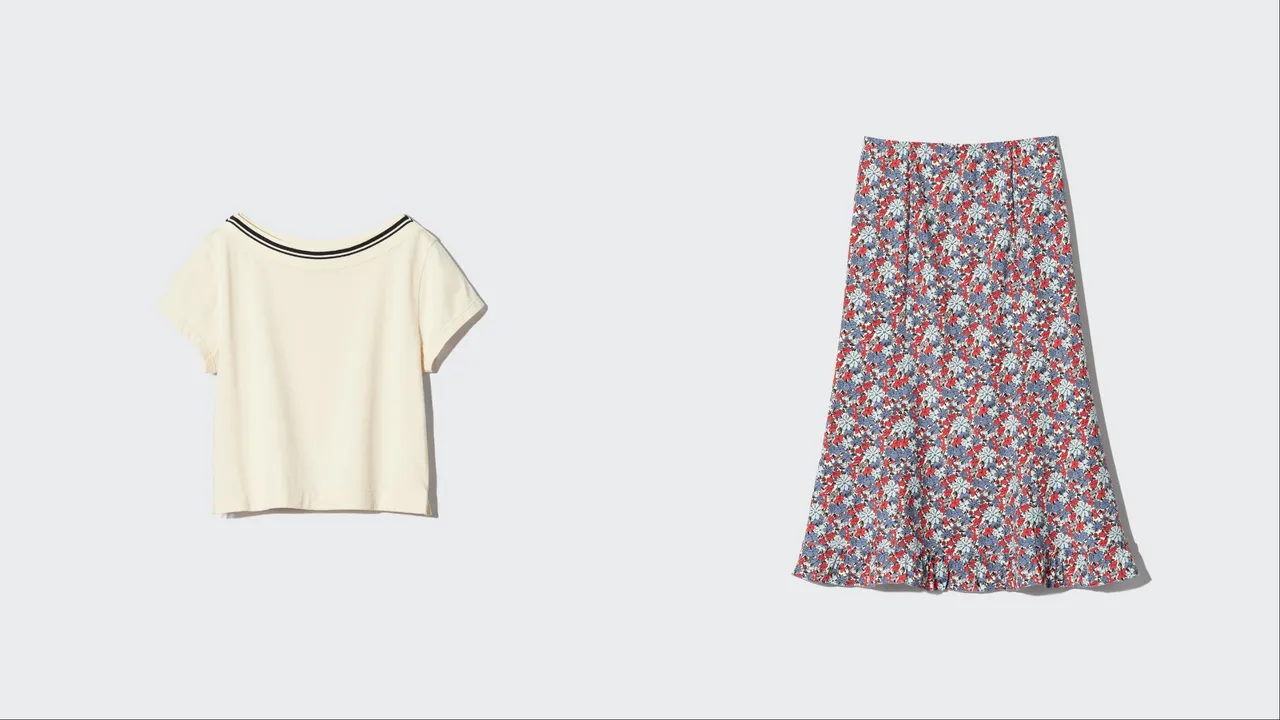 UNIQLO F.RISSO 2026夏日膠囊系列船型領T恤（左）590元、印花寬襬長裙（右）990元。品牌提供