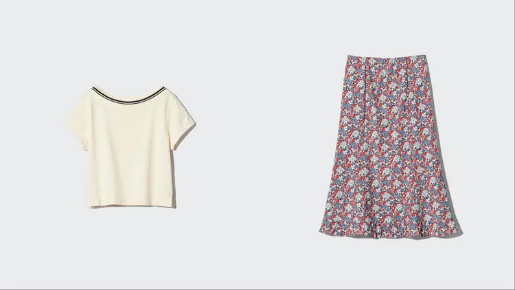 UNIQLO F.RISSO 2026夏日膠囊系列船型領T恤（左）590元、印花寬襬長裙（右）990元。品牌提供