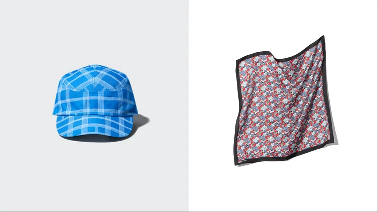 UNIQLO F.RISSO 2026夏日膠囊系列格紋帽子（左）590元、花朵絲質方巾（右）790元。品牌提供