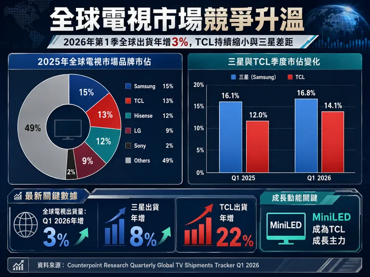 Counterpoint Research指出，2026年第1季全球電視出貨量年增3%，三星仍以16.8%季度市佔領先，TCL則升至14.1%、持續追趕，全球電視市場競爭升溫。AI製圖