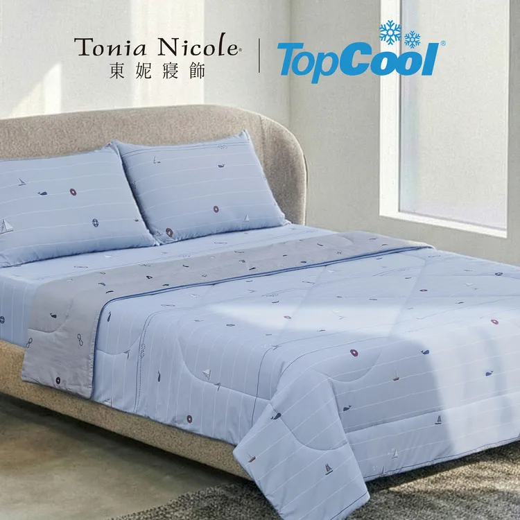 TopCool沁涼雙層紗涼感寢具系列：鯨海奇航。涼感被任選2件3480元；雙人涼感被+床包組限時組合價3980元。業者提供