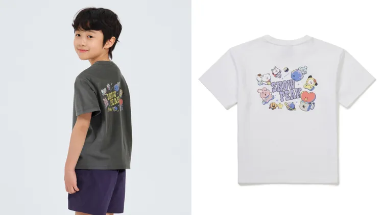 Snow Peak X BT21聯名系列童裝圖案短袖T恤，各1590元。品牌提供