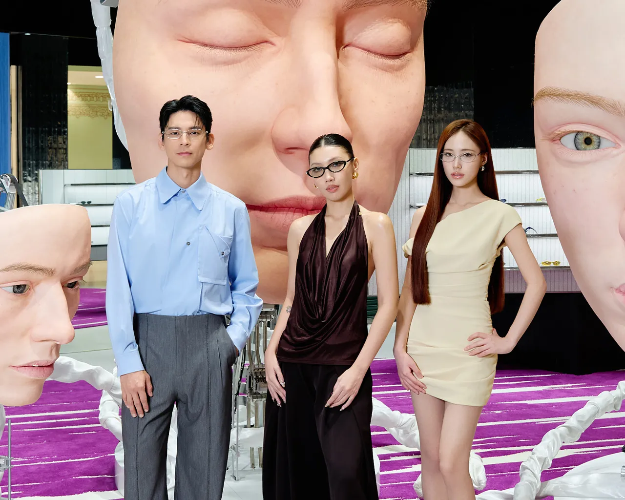 林柏宏（左起）、Karencici、Lily今日為GENTLE MONSTER，前往台中漢神洲際購物廣場。品牌提供