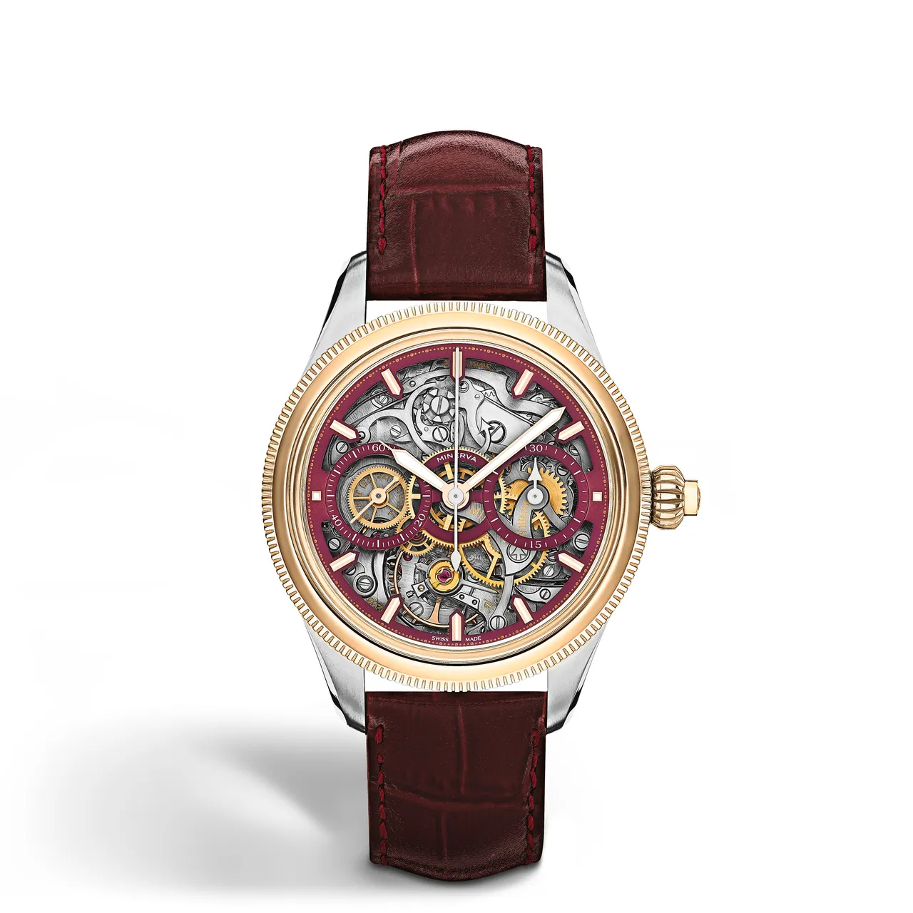 Minerva The Unveiled Secret腕錶限量版58，39mm，精鋼錶殼搭配18K玫瑰金固定式錶圈，鏤空酒紅色錶盤，酒紅色半霧面鱷魚皮錶帶，Minerva自製M13.26手動上鍊機芯，動力儲存60小時，防水深度30米，限量58只，5萬8000歐元（約台幣212萬）。品牌提供