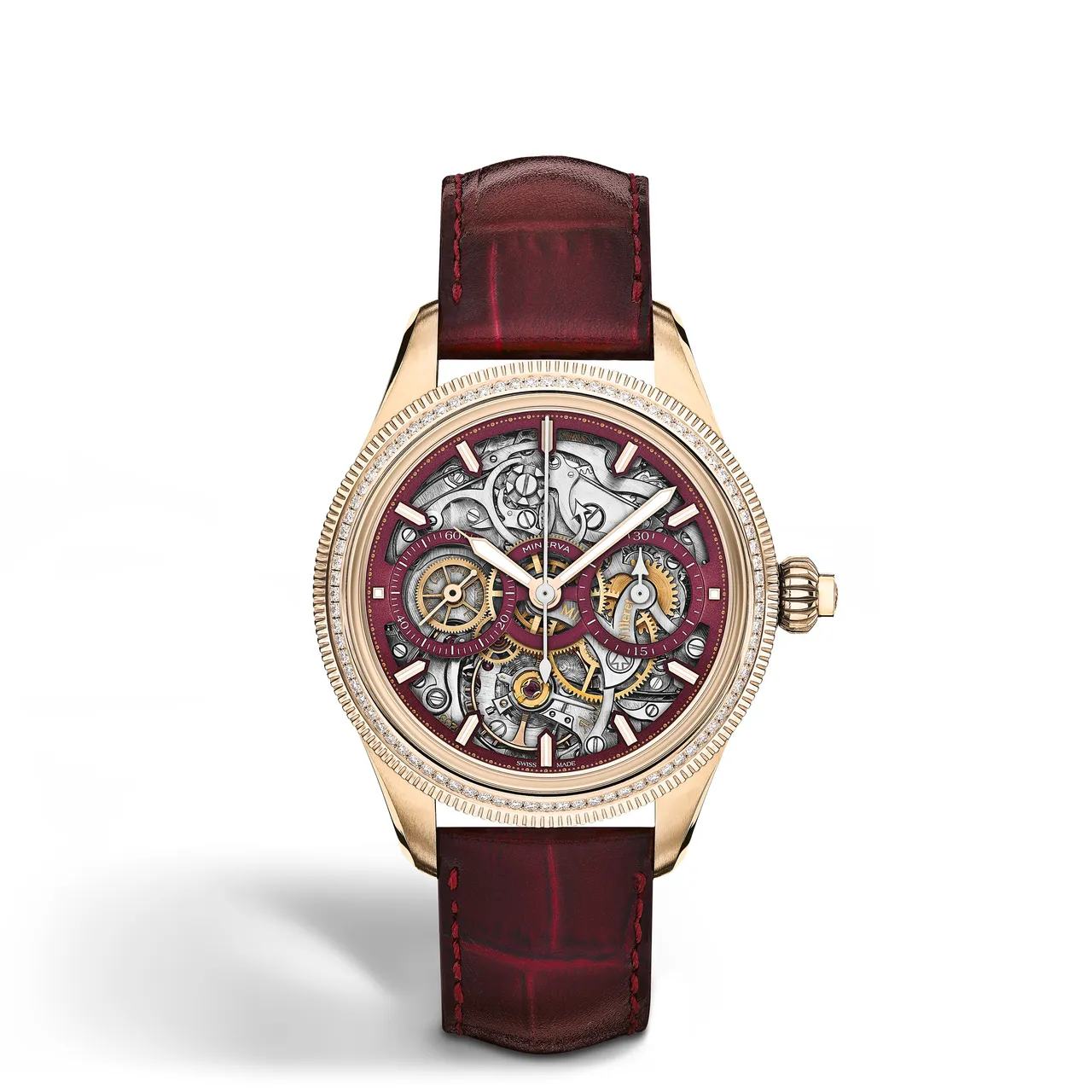 Minerva The Unveiled Secret腕錶限量版18，39mm，18K 玫瑰金錶殼（錶圈鑲嵌 84 顆明亮式切割鑽石，約 0.62 克拉），鏤空酒紅色錶盤，酒紅色半霧面鱷魚皮錶帶，Minerva自製M13.26手動上鍊機芯，動力儲存60 小時，防水深度30米，限量18只，8萬8000歐元（約台幣322萬） 。品牌提供