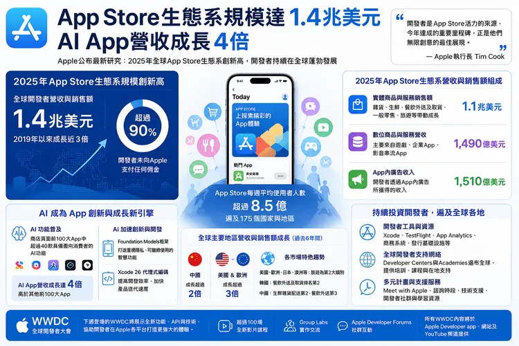 Apple公布最新研究，2025年全球App Store生態系促成超過1.4兆美元開發者營收與銷售額，較2019年成長近3倍，其中AI功能App營收成長達4倍，顯示AI正成為開發者拓展商機與App體驗升級的新動能。AI製圖