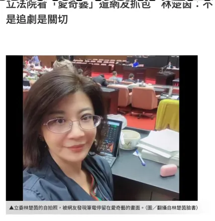 殷瑋秀出立委林楚茵在立法院用iPad看愛奇藝的畫面。翻攝自殷瑋臉書