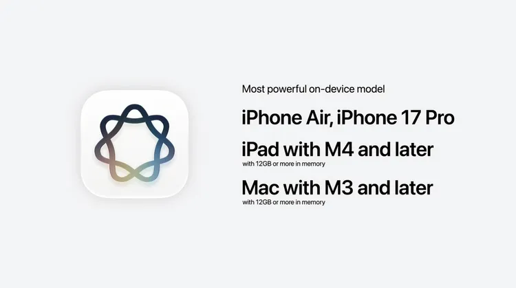 蘋果新一代Apple Intelligence標準版iPhone17並未列入支援名單。Apple WWDC畫面