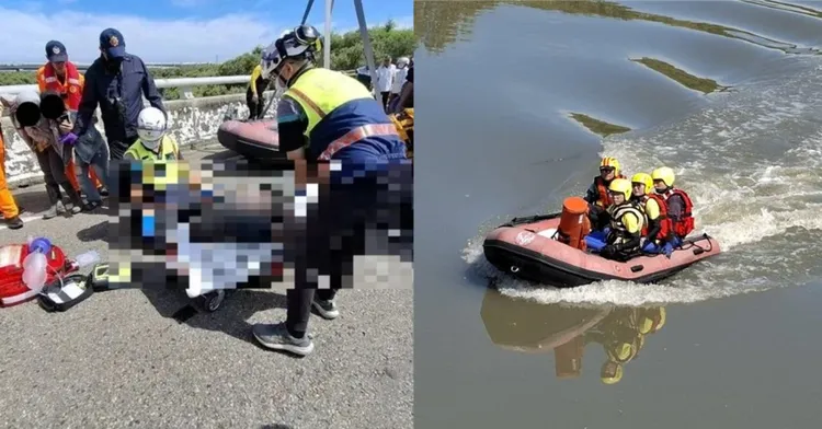 阮男卡在溪邊樹叢中，救難人員以船艇接觸，將人打落上岸，已經明顯死亡。民眾提供