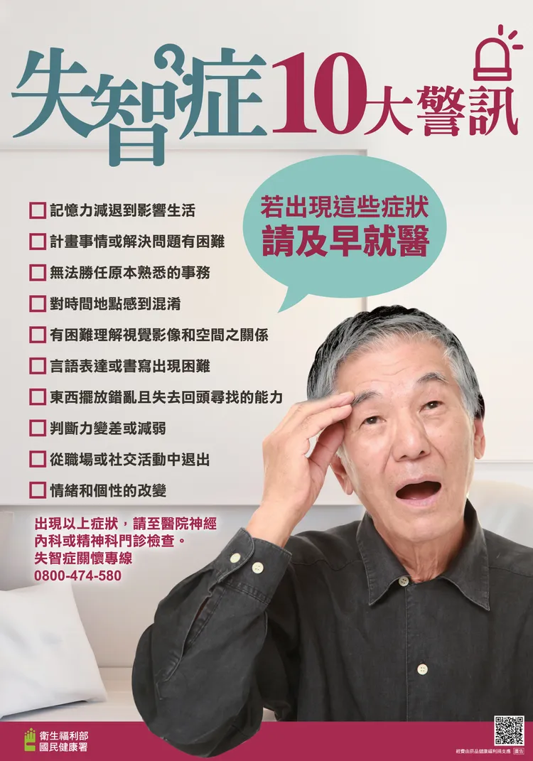 衛福部公布「失智症十大警訊」，可作為家中長輩失智徵兆初步觀察指標。衛福部提供