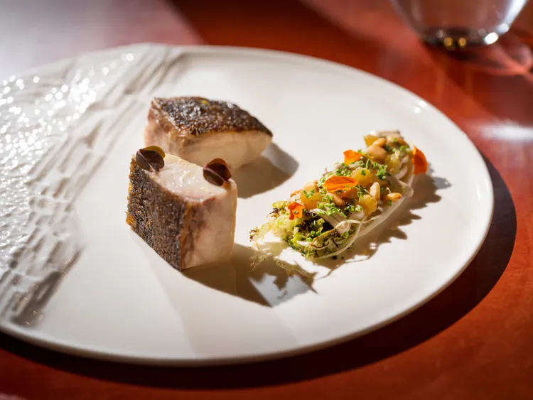 Bencotto」夏季新單點主菜「香煎海鱺魚、綠捲、鯷魚美乃滋、葡萄乾、松子、蝦夷蔥」。台北文華東方酒店提供