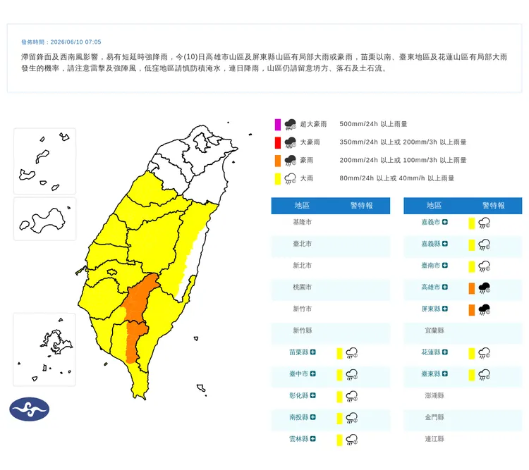 氣象署今晨發布豪雨特報，降雨範圍擴及多個縣市。中央氣象署