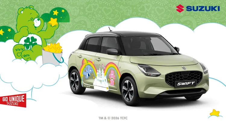 新世代SWIFT搭載輕油電動力系統，平均油耗表現達24.5km/L，本月更攜手Care Bears推出聯名活動，賞車、試乘皆可獲得限量好禮。業者提供