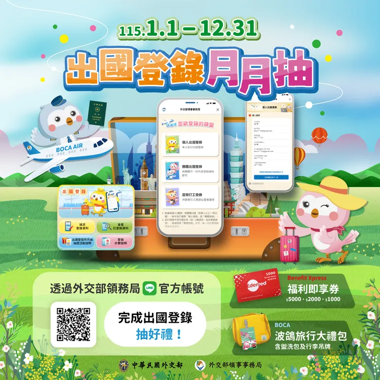外交部領事事務局LINE官方帳號「出國登錄月月抽」抽獎活動。領事事務局提供