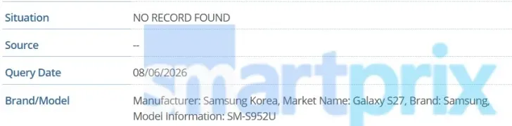 GSMA IMEI資料庫顯示，三星Galaxy S27型號SM-S952U已現身，預期為美國市場版本。smartprix
