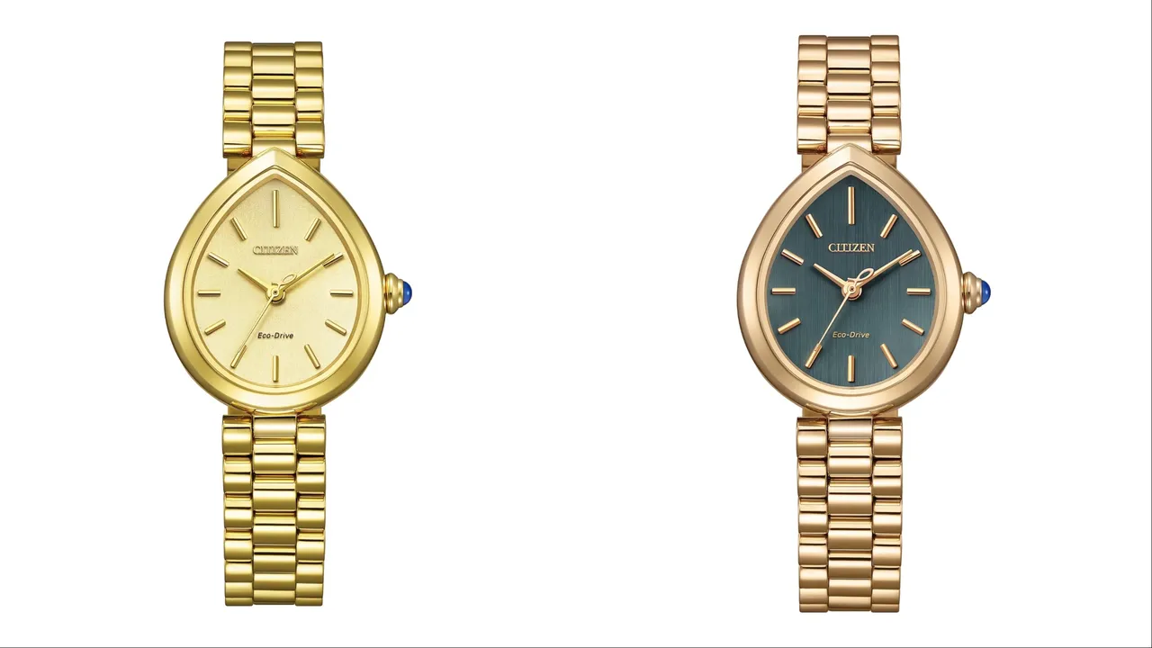 CITIZEN L「RAINELL」雨漾腕錶奢華金款EM1202-50P（左）、絲絨綠款EM1203-57X（右），各1萬5800元。品牌提供