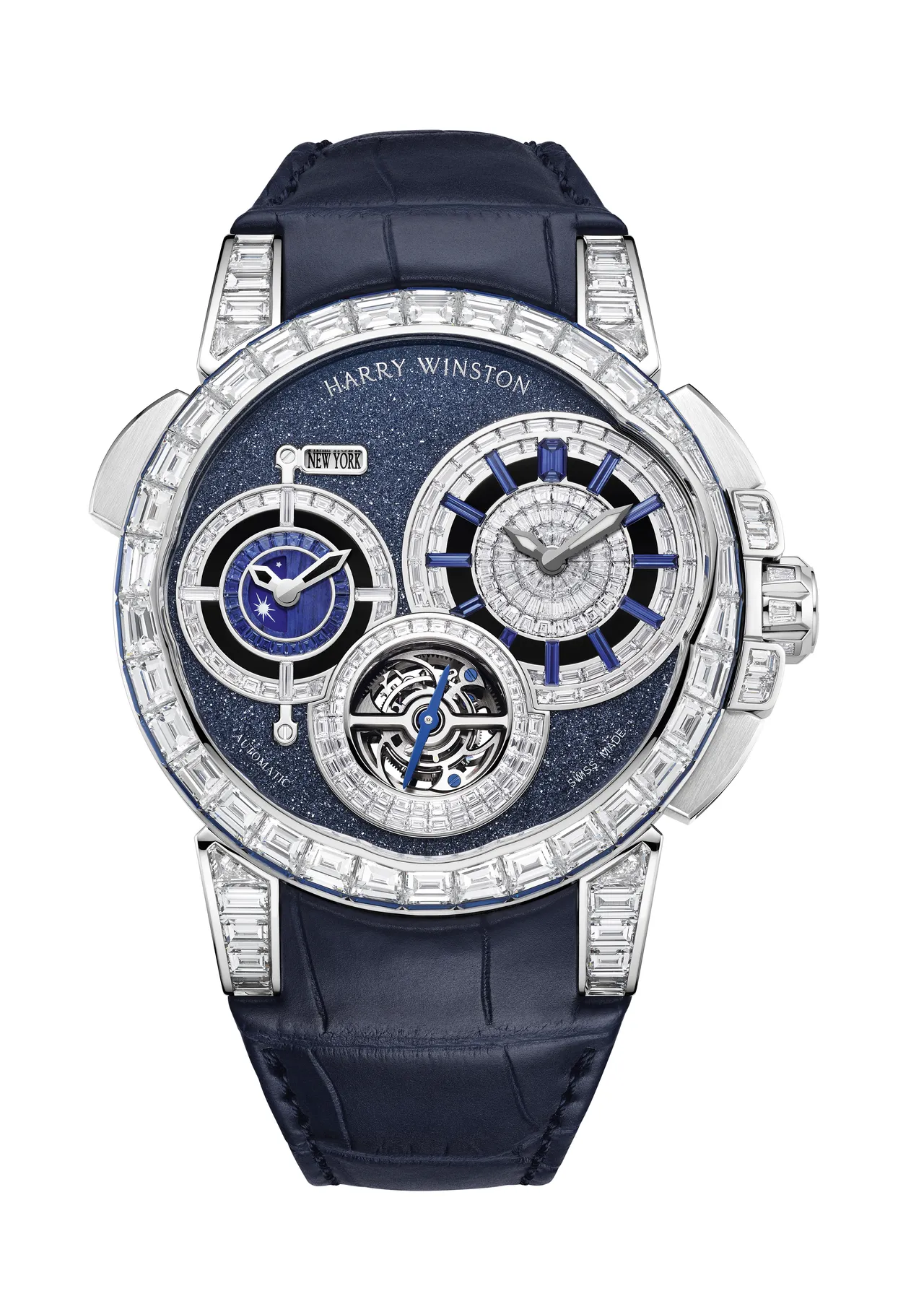 海瑞溫斯頓海洋Ocean系列Tourbillon GMT Worldtimer腕錶，46mm，18K白金錶殼，藍色釕晶錶盤，藍色密西西比短吻鱷魚皮錶帶，HW1005自動上鍊機芯，動力儲存110小時，防水深度50米，全球限量5只。品牌提供