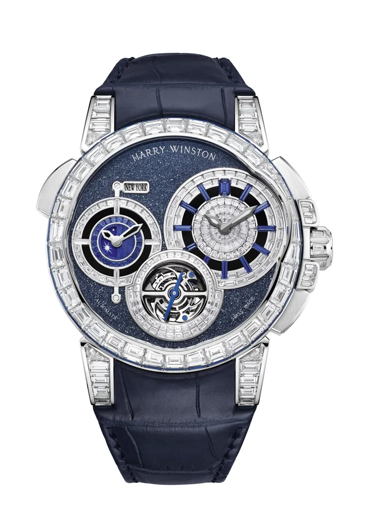 海瑞溫斯頓海洋Ocean系列Tourbillon GMT Worldtimer腕錶，46mm，18K白金錶殼，藍色釕晶錶盤，藍色密西西比短吻鱷魚皮錶帶，HW1005自動上鍊機芯，動力儲存110小時，防水深度50米，全球限量5只。品牌提供