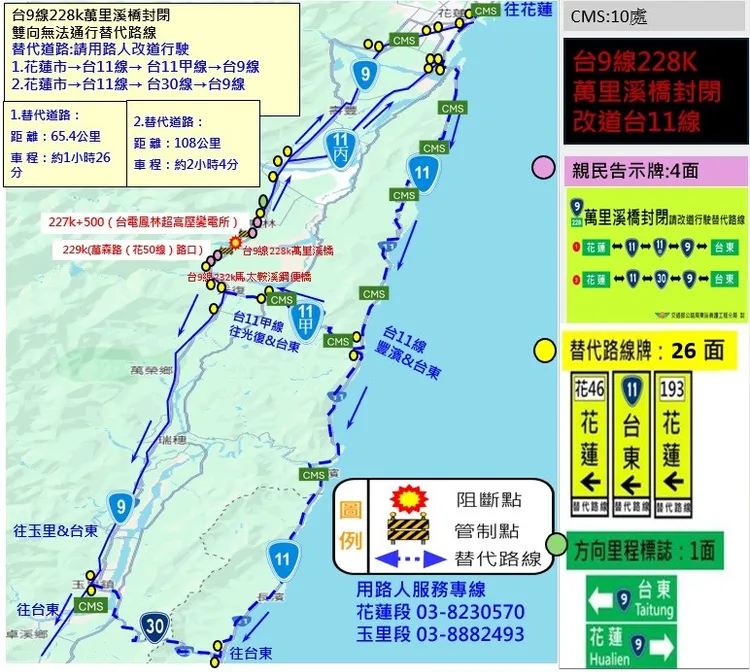 萬里溪封橋用路人請注意改道而行。公路局提供
