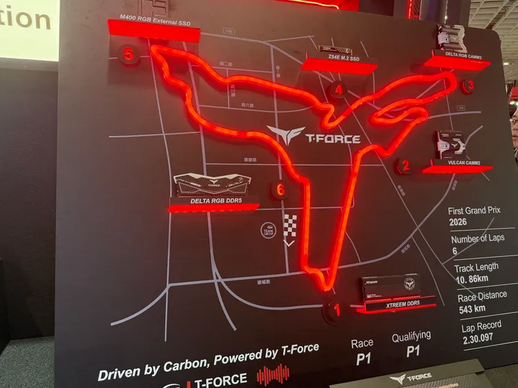     十銓旗下T-FORCE於COMPUTEX 2026打造賽道風格展示牆，以碳纖維美學與高速運算概念，展示多款產品。呂承哲攝
