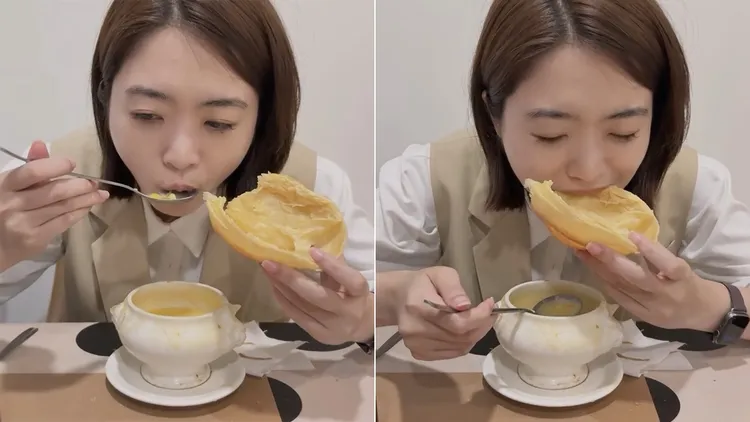 韓瑩將酥皮與濃湯分開食用。翻攝自韓瑩threads