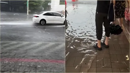 強降雨瞬間就淹水淹進騎樓　民眾出大直捷運站瞬間鞋襪都濕