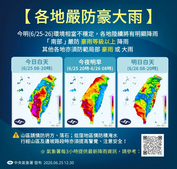 今日天氣相當不穩定，西半部留意強降雨。中央氣象署