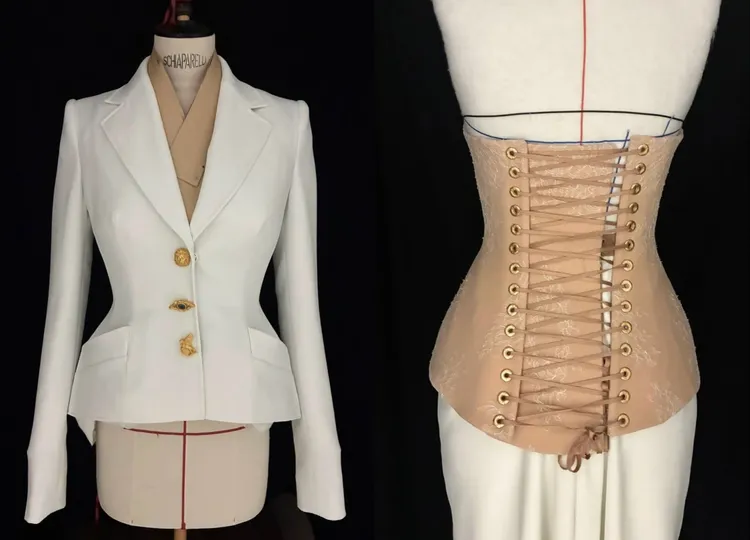 杜娃黎波的禮服以收腰外套內搭1件肉色馬甲上衣。翻攝Schiaparelli IG
