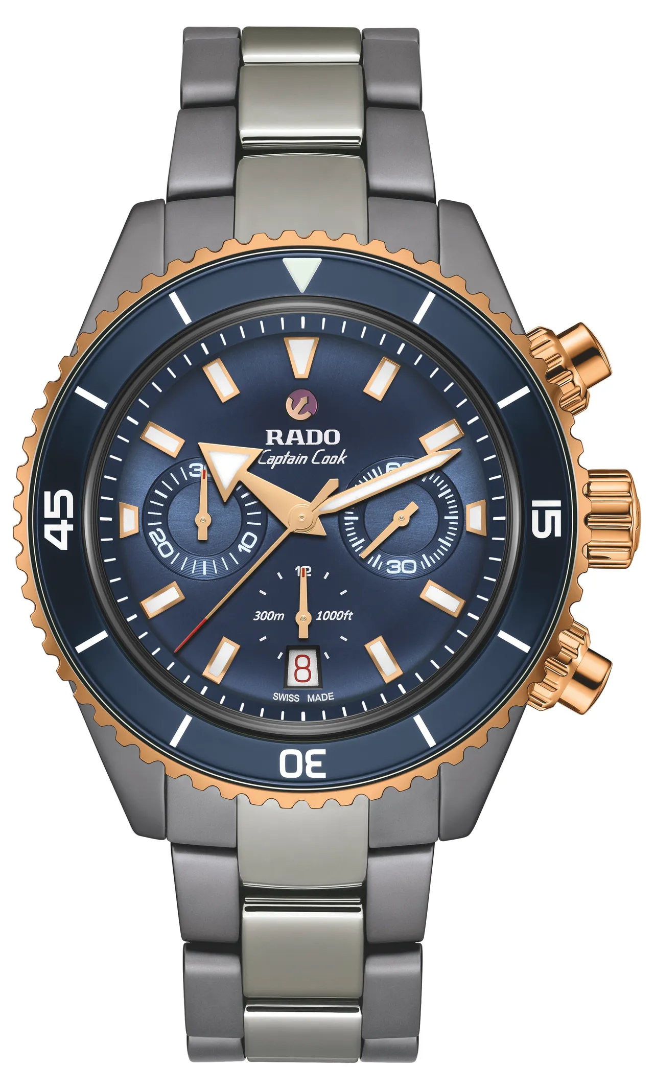 Rado Captain Cook庫克船長高科技陶瓷計時腕錶深藍面盤款，43mm，霧面電漿高科技陶瓷錶殼、鍊帶，Rado R801型自動機芯，動力儲存59小時，防水深度30米，20萬5700元。品牌提供