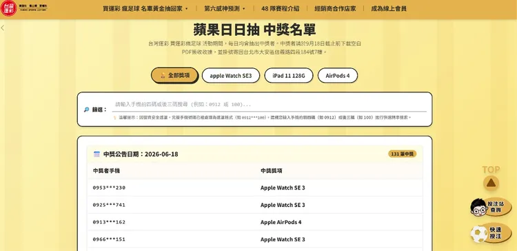 官網目前中獎者手機號碼沒有完全隱藏。翻攝台灣運彩官網