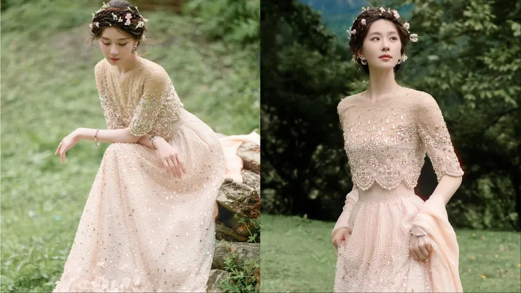 劉詩詩換上Georges Hobeika的2026春夏高訂禮服。翻攝詩詩的小板報微博