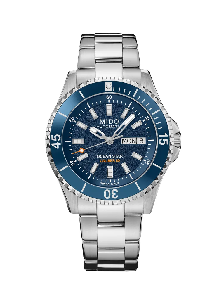 MIDO Ocean Star 200潛水錶，錶徑41mm，不鏽鋼錶殼、錶帶，單向旋轉錶圈配備鋁合金環，Caliber 80自動上鍊機芯，動力儲存80小時，防水200米，2萬8900元。品牌提供
