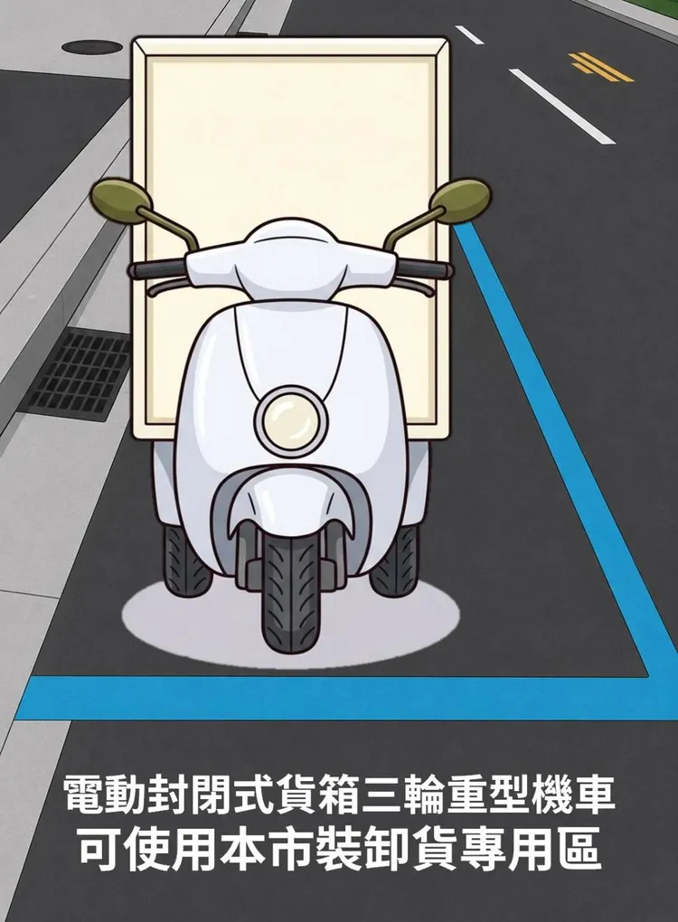 「電動封閉式貨箱之三輪重型機車」如具貨運行為，可於裝卸貨專用區（含營業用共用臨停區）臨時停放。北市停管處提供