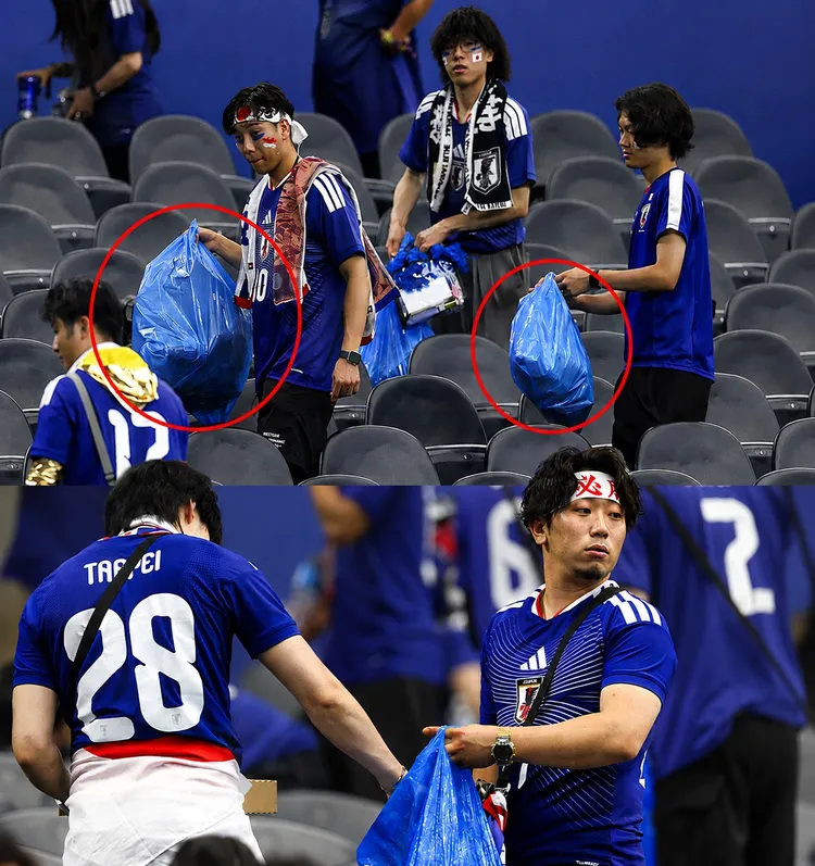日本男性為主的觀眾在比賽後主動清理垃圾。翻攝X@WorldCup2026