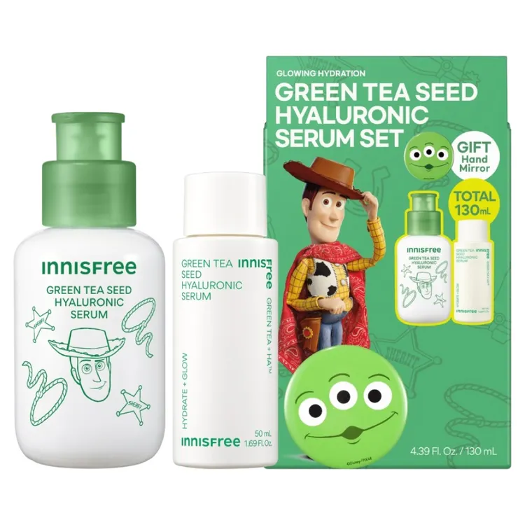 INNISFREE綠茶籽玻尿酸保濕精華組玩具總動員限定版，為最新續集萌趣預熱。