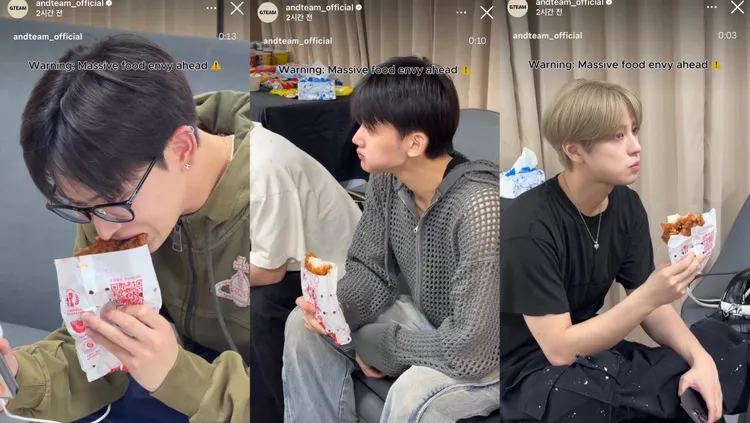 HARUA（左起）、JO、TAKI大口啃雞排，吃得超香，讓人不禁也想來一塊。翻攝&TEAM IG