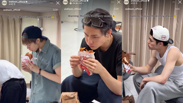 EJ（左圖起）、NICHOLAS（王奕翔）、MAKI在後台吃雞排吃得津津有味。翻攝&TEAM IG 