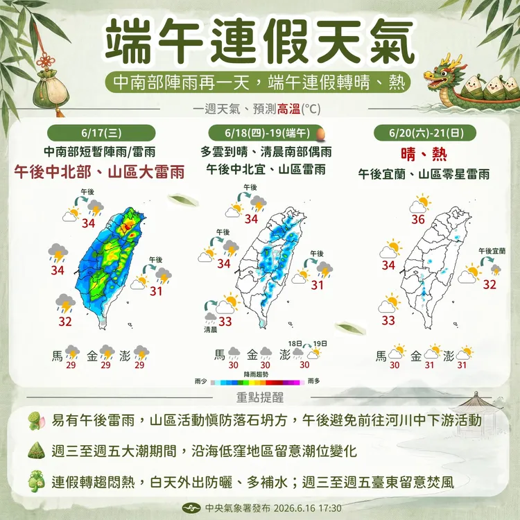 端午連假天氣預報。中央氣象署