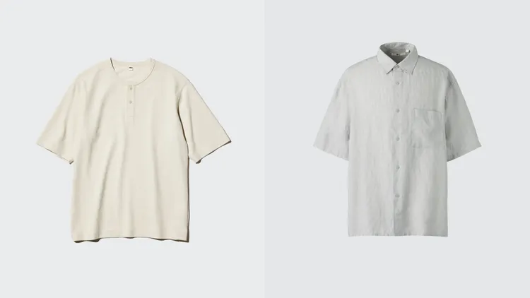 UNIQLO DRY華夫格亨利領T恤（左）590元、特級亞麻寬版襯衫（右）1290元。品牌提供