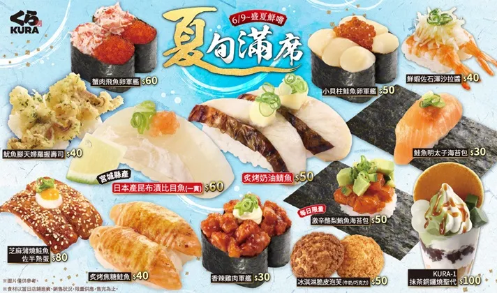 藏壽司夏旬滿席，盛夏鮮味報到！「炙烤奶油鯖魚」、宮城縣產「日本昆布漬比目魚(一貫)」等多款新品解膩開動。業者提供
