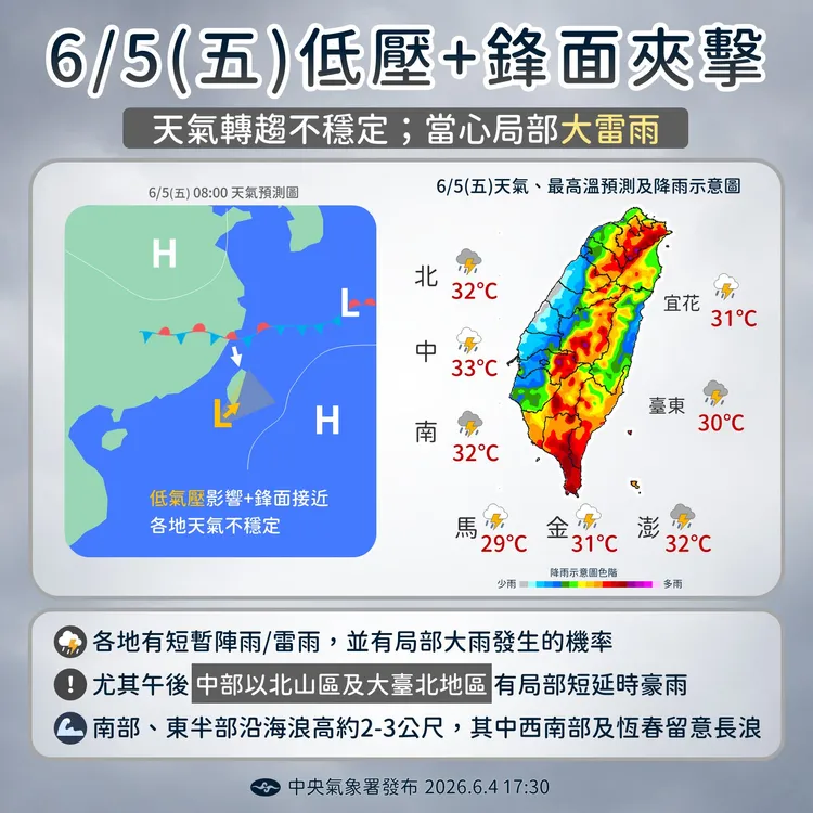 今（5）日受低壓及鋒面強襲，全台有雨、且局部有大雷雨。中央氣象署