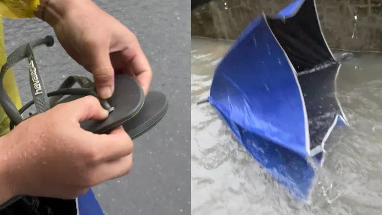 民眾才剛出門不久，雨傘與拖鞋就被水沖壞。Threads網友「@hhhz_02」授權提供